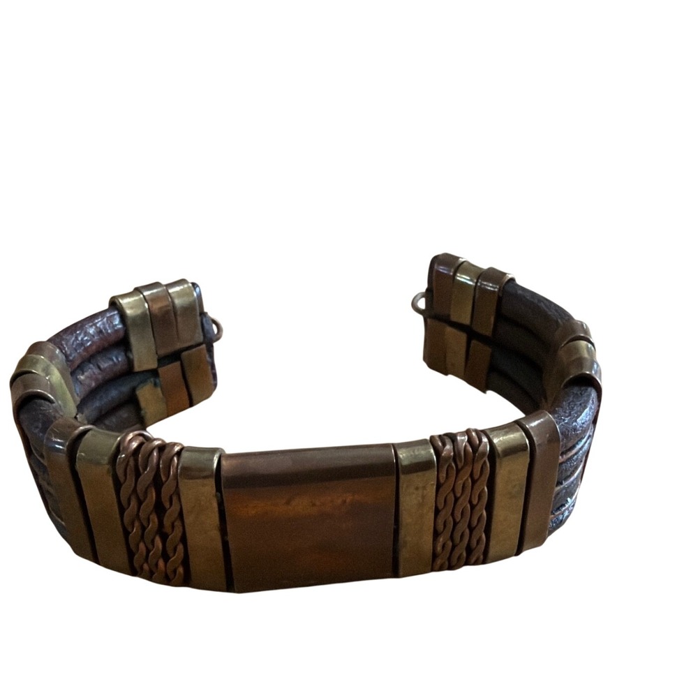 Mixed Metal Copper Brass Leather Cuff Bracelet Triple Strand Rustic Boho Rustic